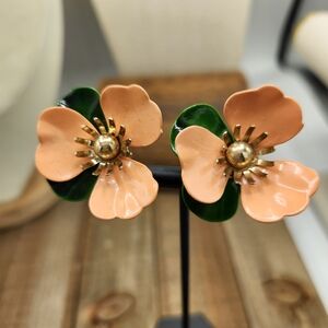 Vintage Floral Peach & Green Clip-On Earrings • Signed • Goldtone Base